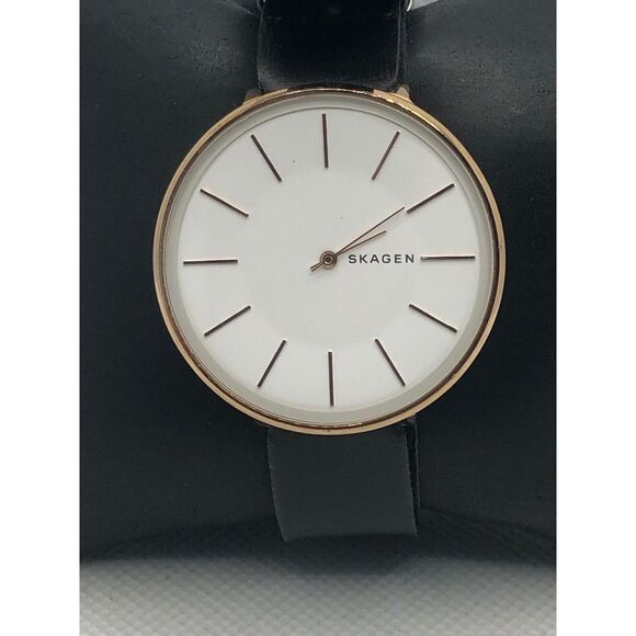 Skagen SKW2688 Women's Black Leather Analog White Dial Quartz Wrist Watch KS426 - Picture 1 of 9